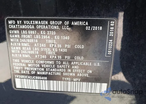 2018 Volkswagen Atlas 3.6L V6 S из США, поврежденный, VIN 1V2GR2CA2JC555406